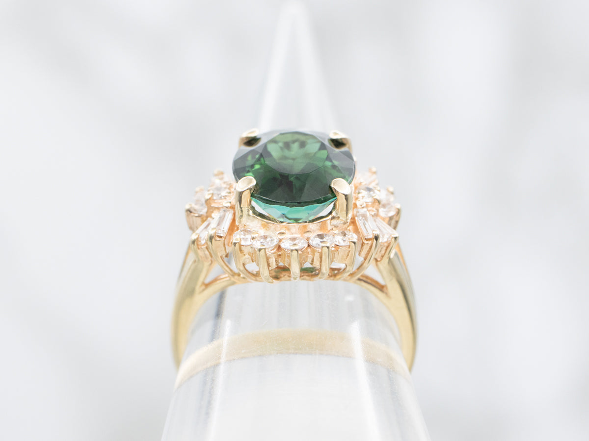 Green Tourmaline Multi-Cut Diamond Halo Ring