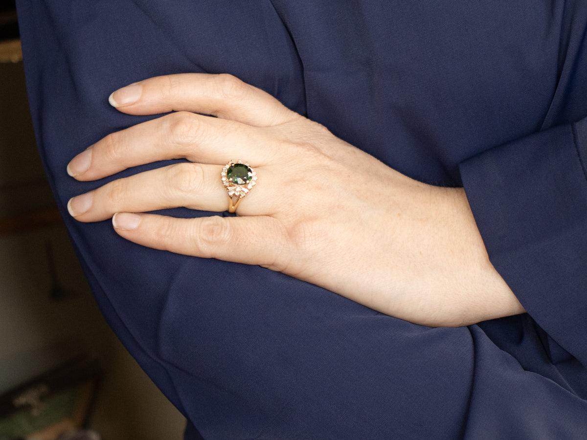 Green Tourmaline Multi-Cut Diamond Halo Ring