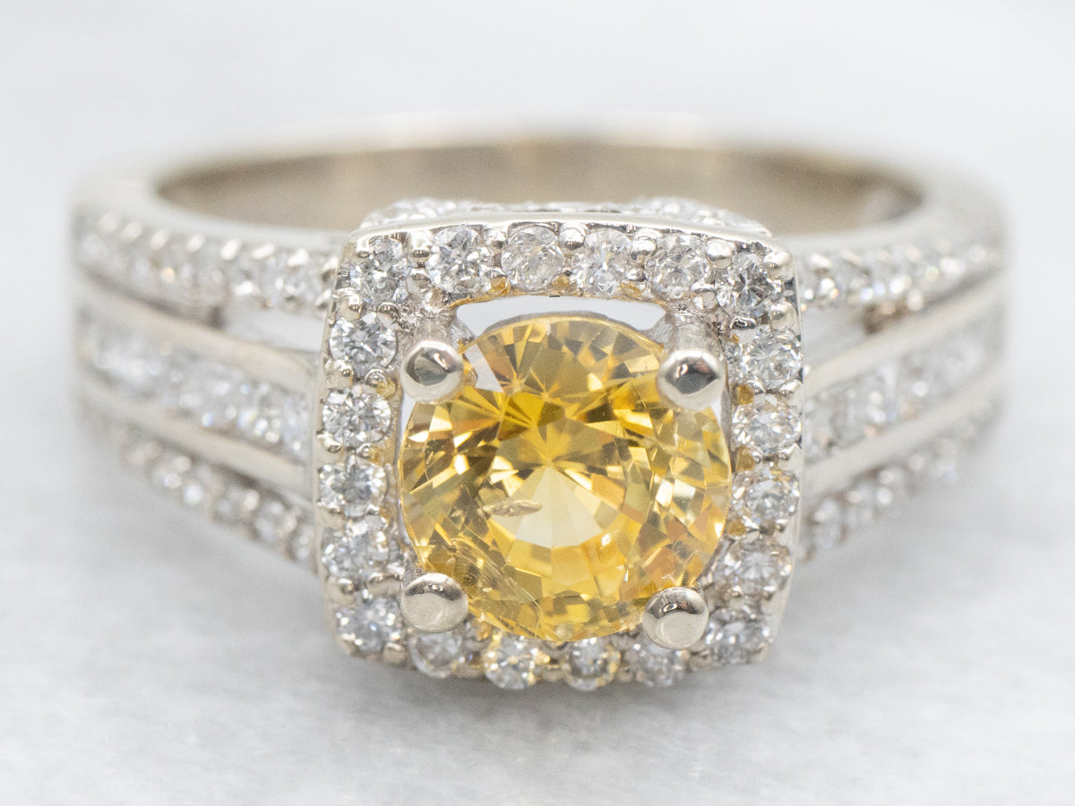 Modern Yellow Sapphire and Diamond Halo Engagement Ring