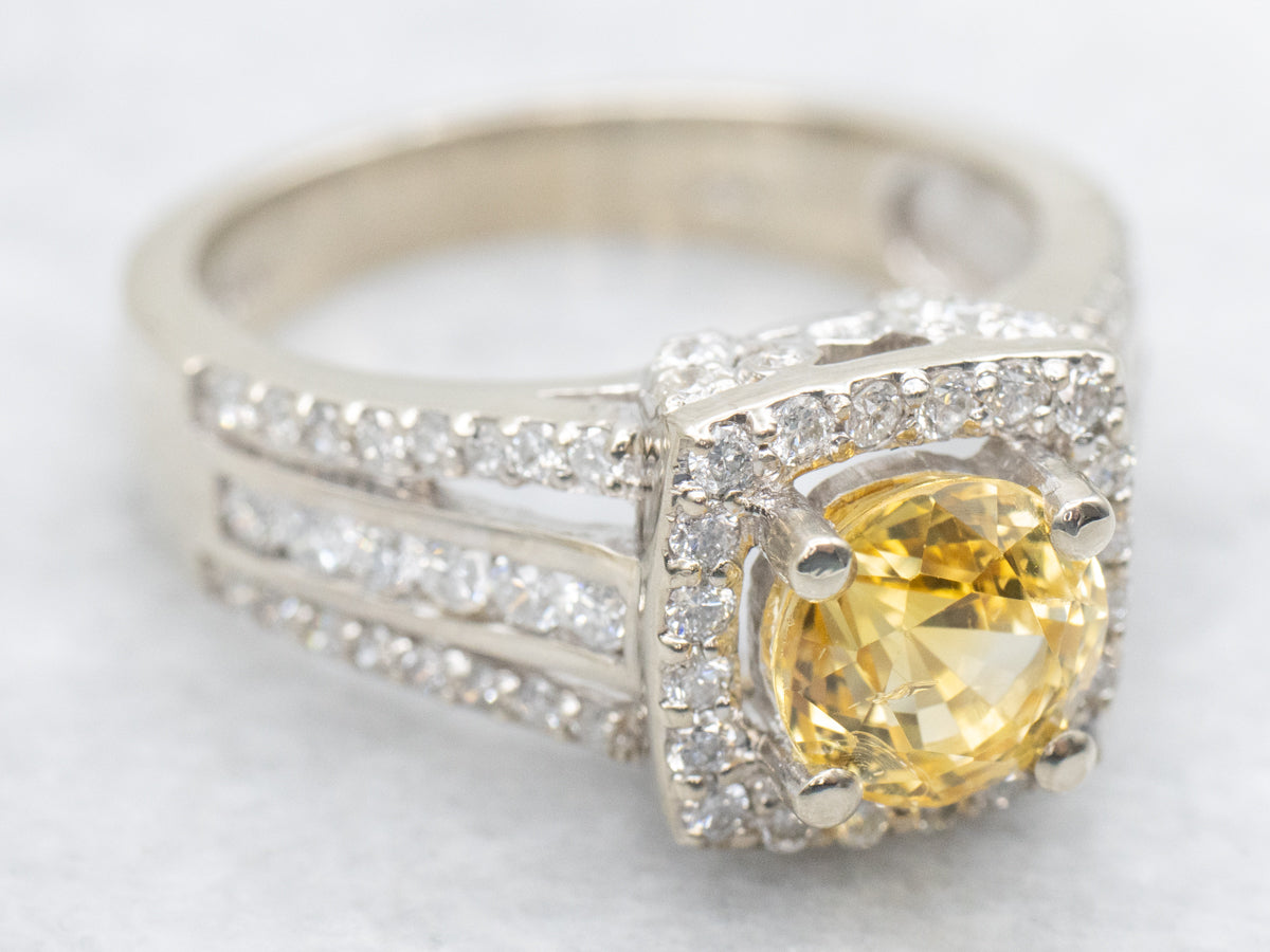 Modern Yellow Sapphire and Diamond Halo Engagement Ring