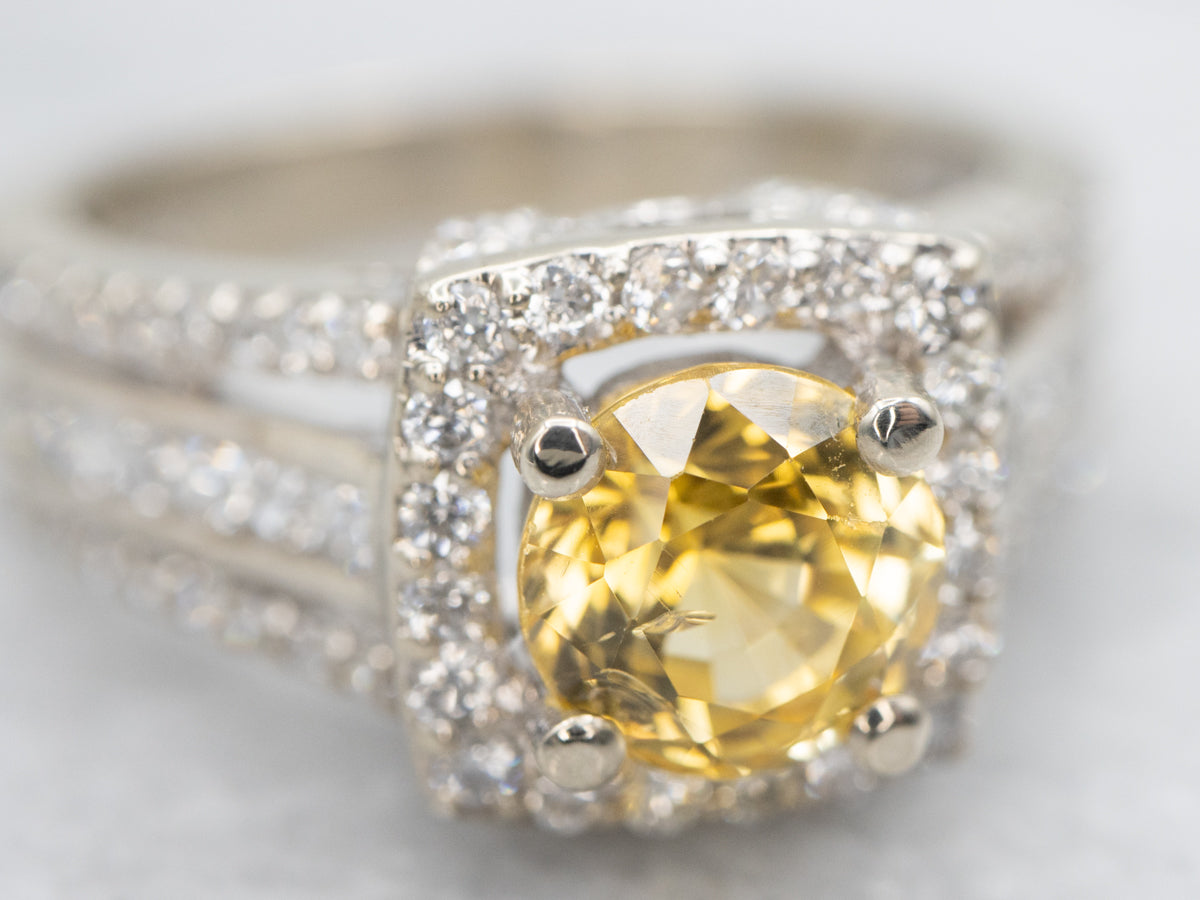 Modern Yellow Sapphire and Diamond Halo Engagement Ring