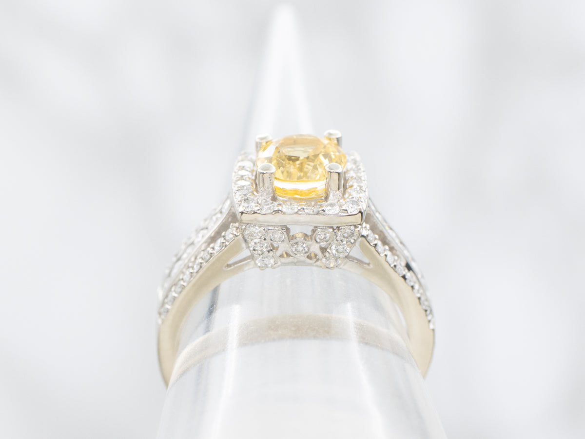 Modern Yellow Sapphire and Diamond Halo Engagement Ring