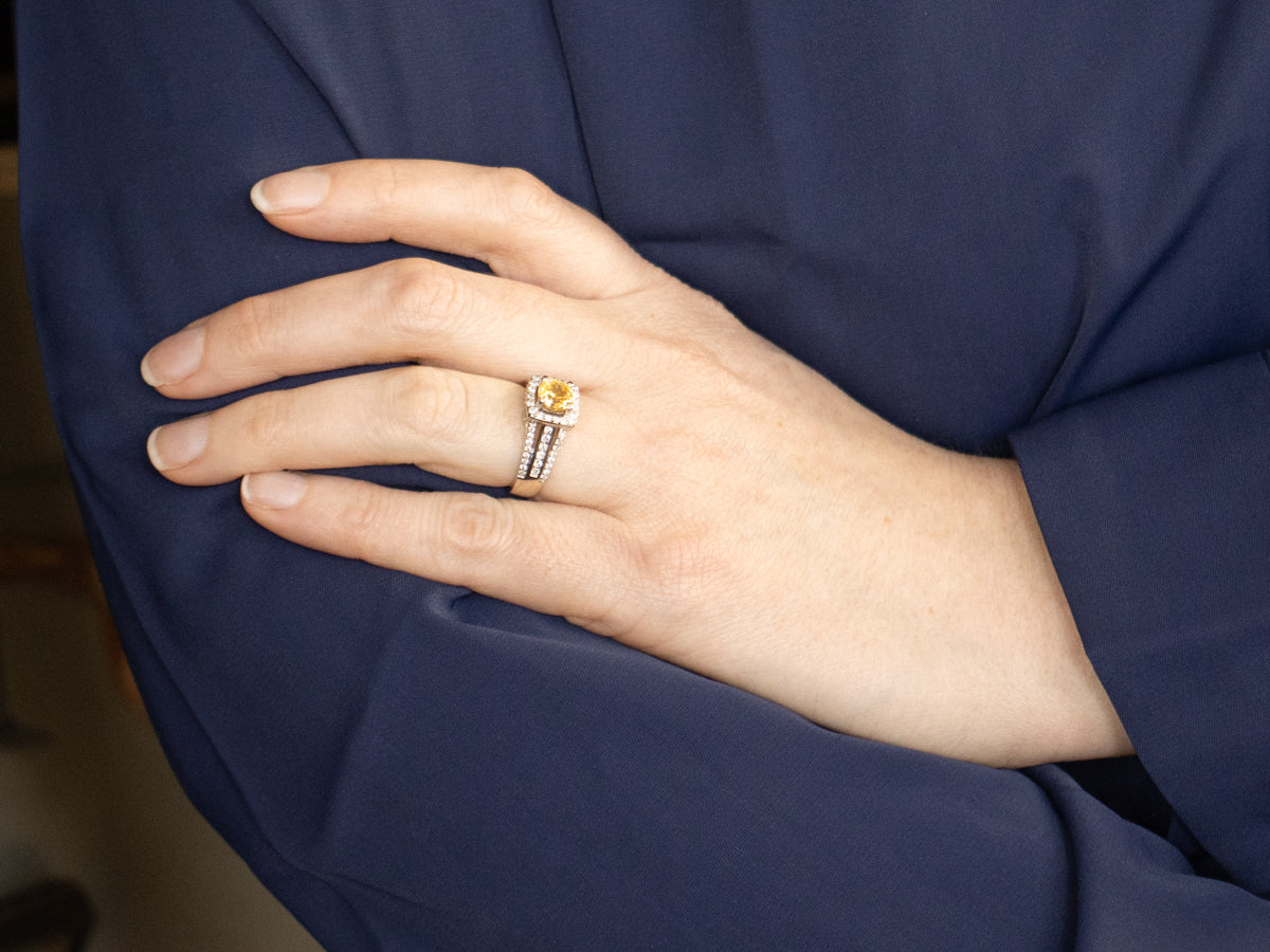 Modern Yellow Sapphire and Diamond Halo Engagement Ring
