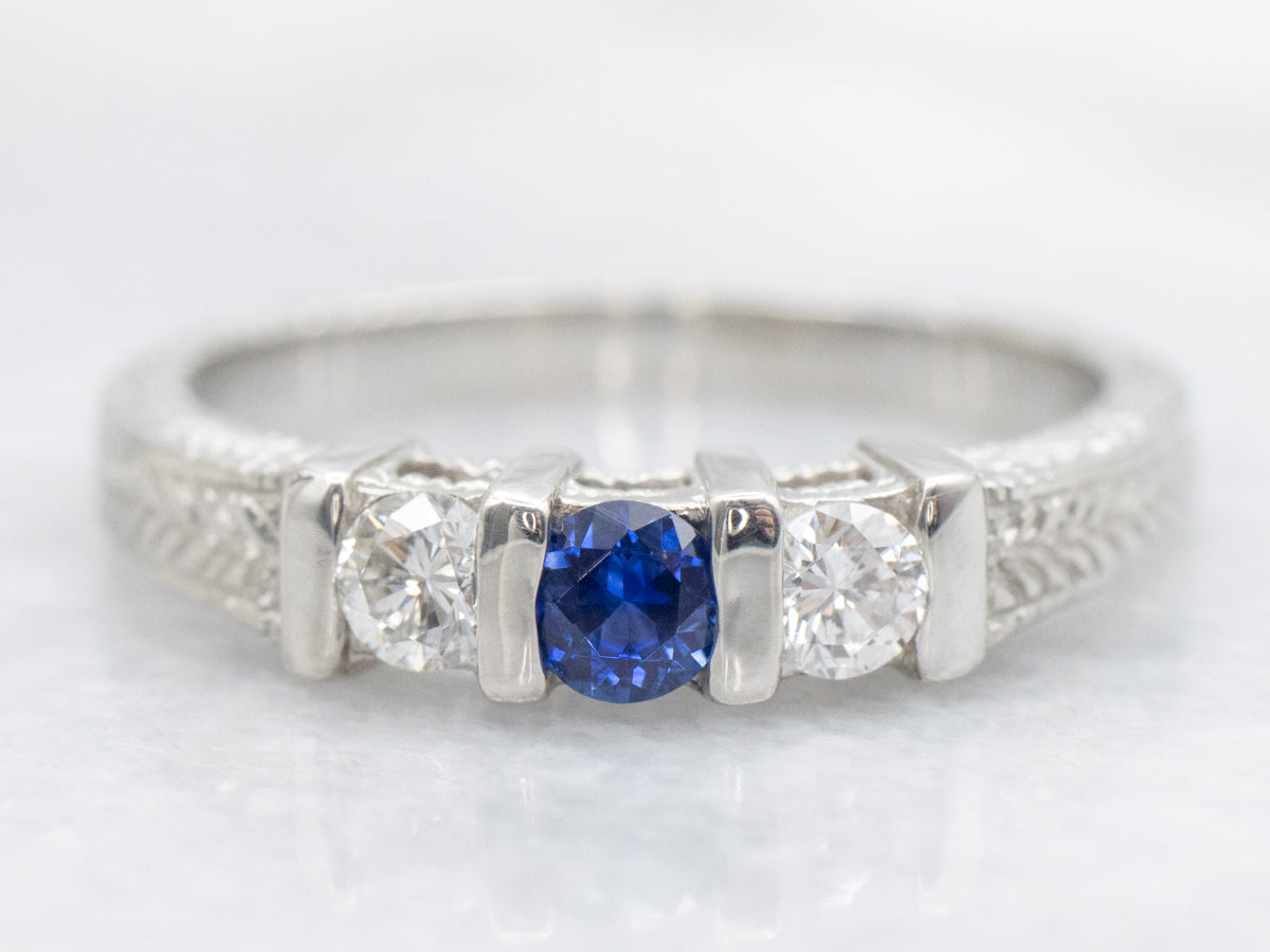 Sapphire and Diamond Engraved Platinum Engagement Ring