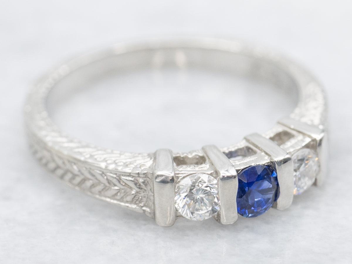 Sapphire and Diamond Engraved Platinum Engagement Ring