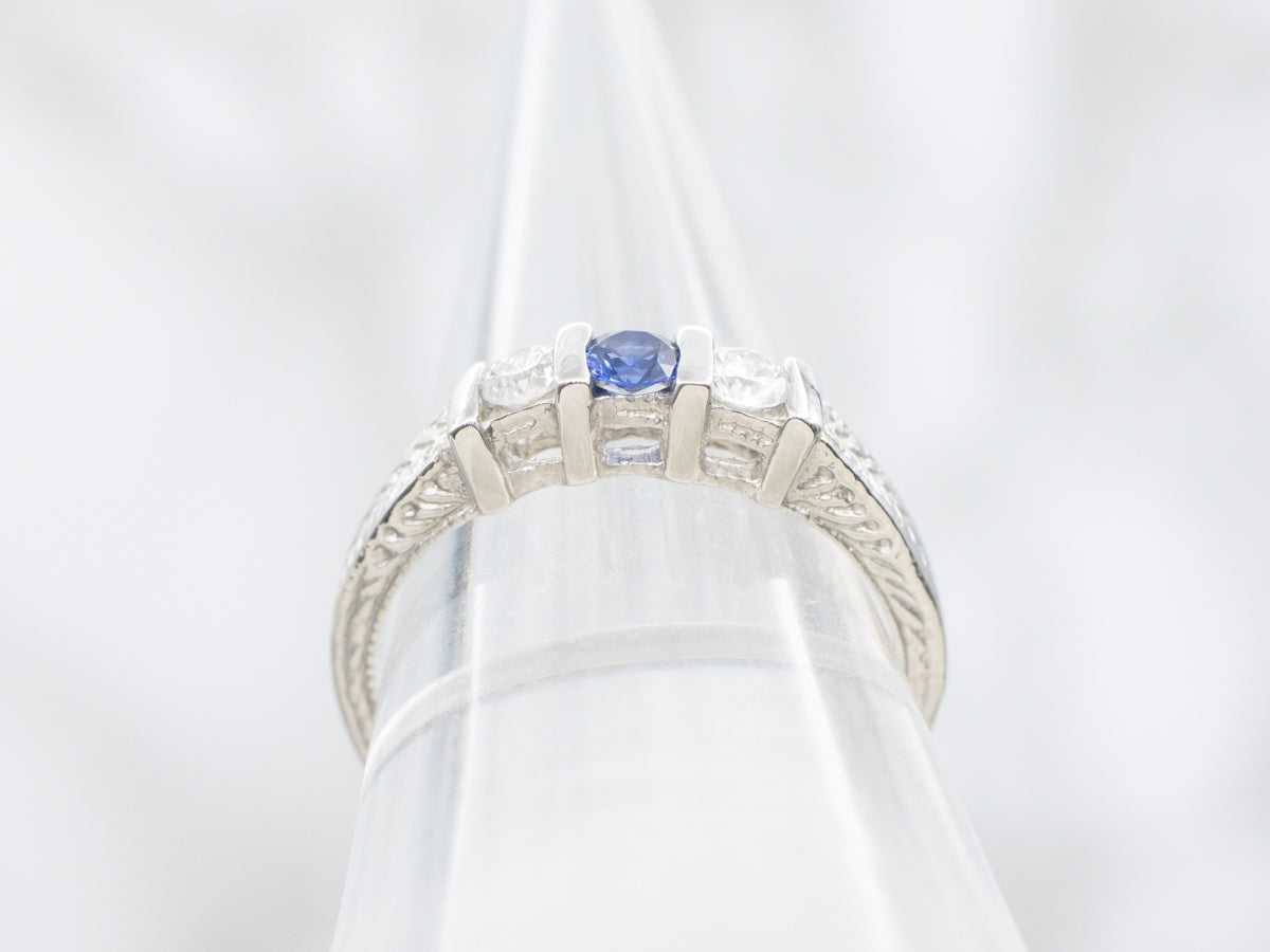 Sapphire and Diamond Engraved Platinum Engagement Ring