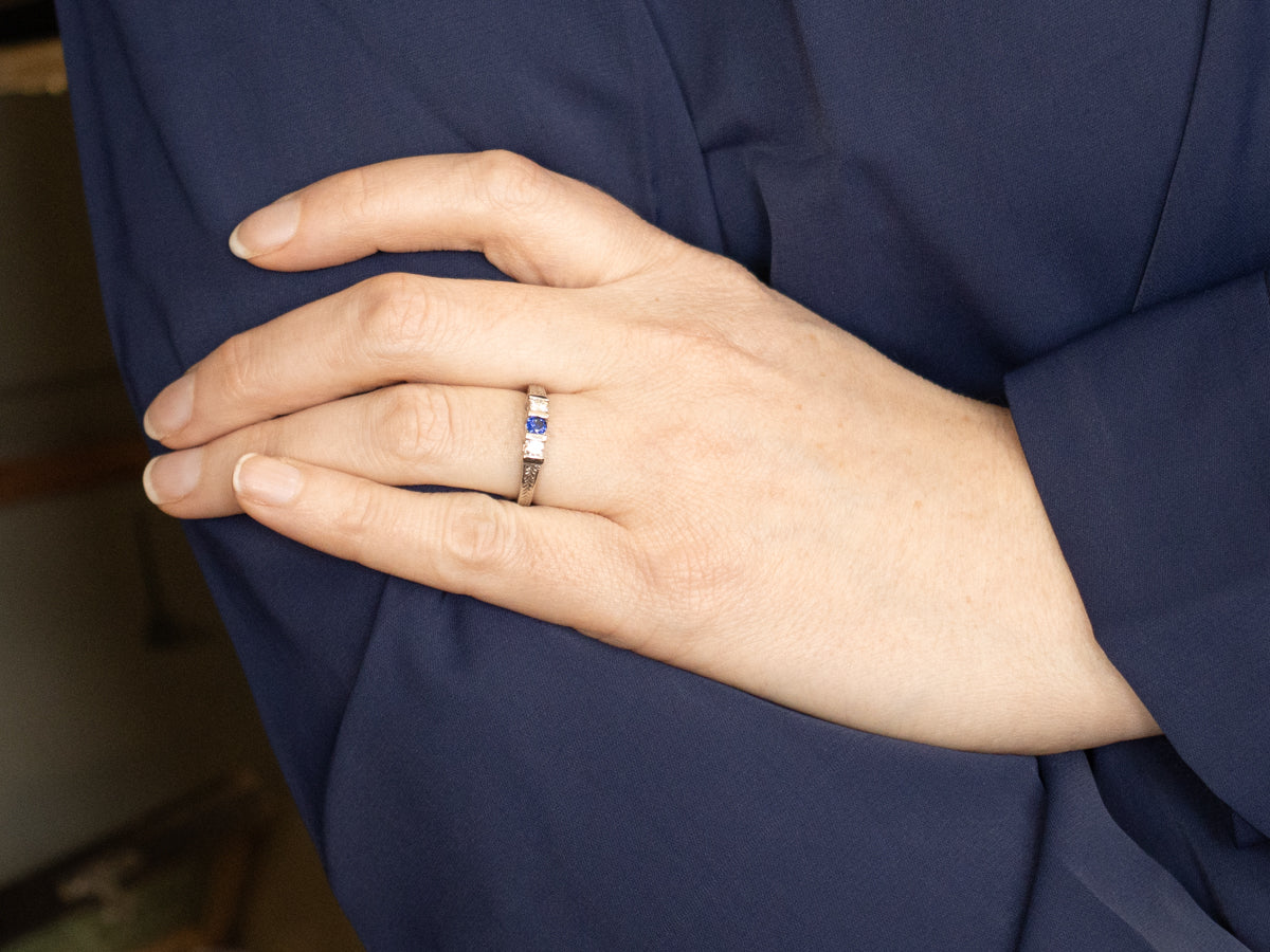 Sapphire and Diamond Engraved Platinum Engagement Ring