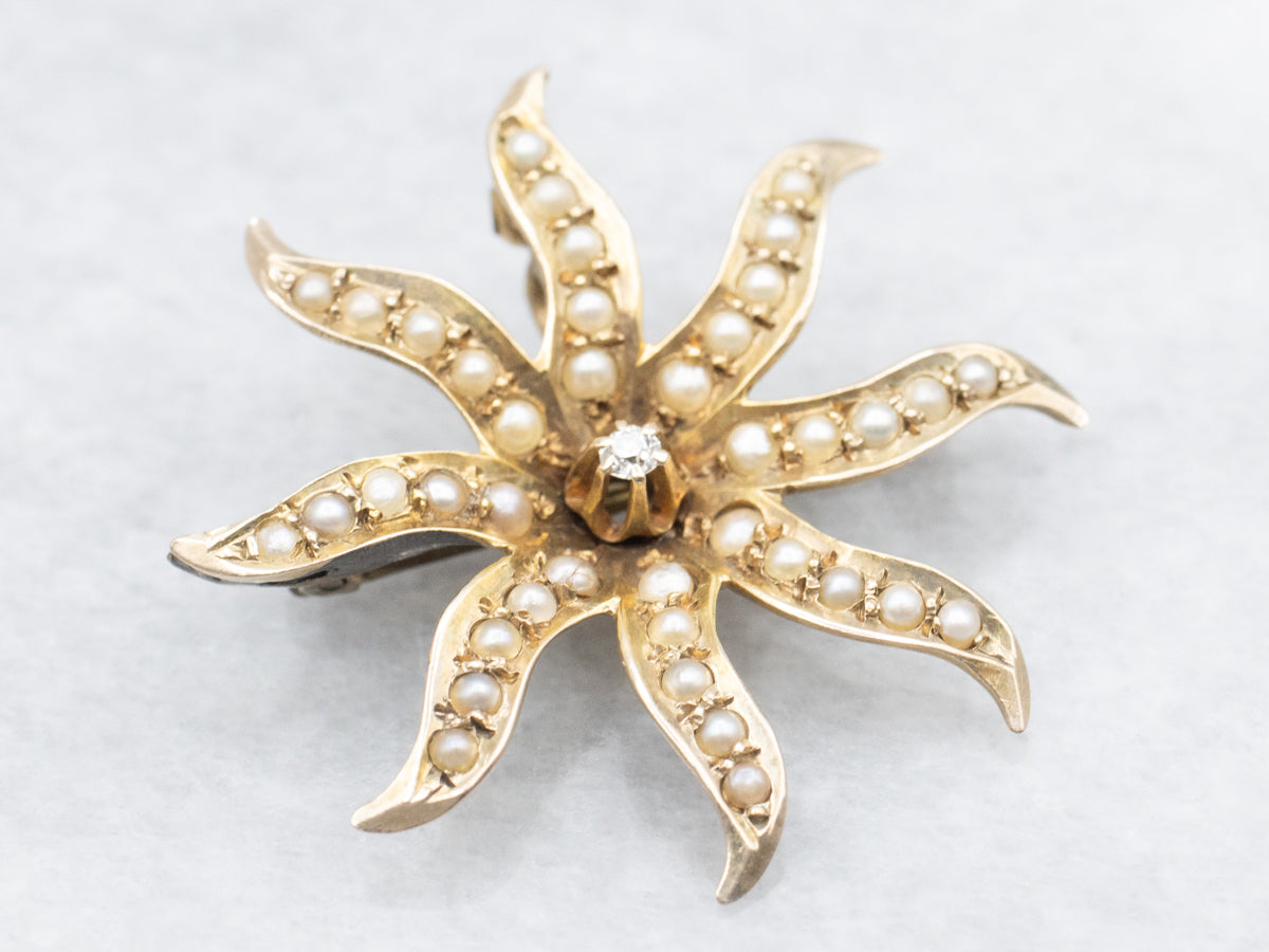 Victorian Old Mine Cut Diamond and Seed Pearl Sunburst Brooch or Pendant