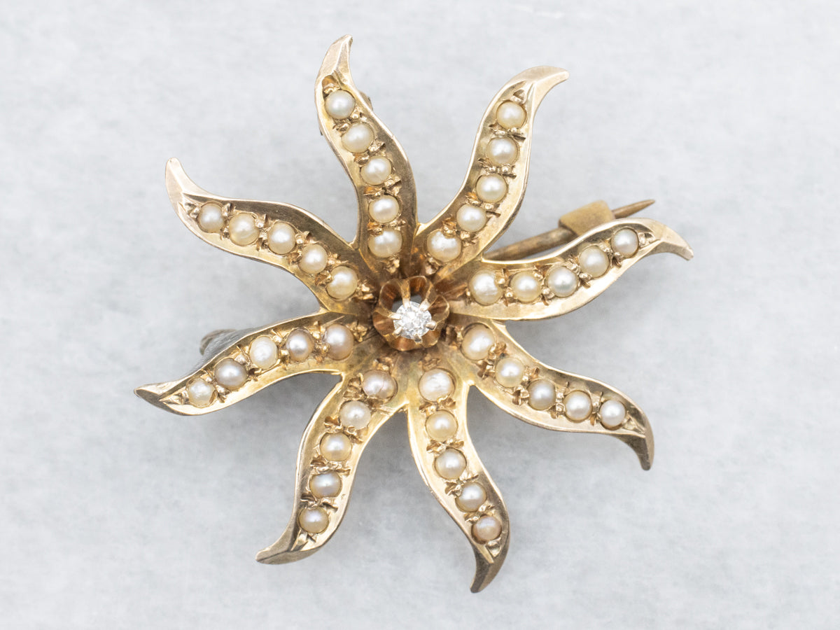 Victorian Old Mine Cut Diamond and Seed Pearl Sunburst Brooch or Pendant