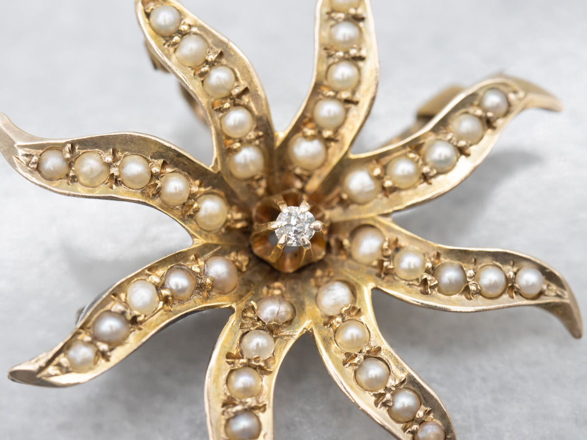 Victorian Old Mine Cut Diamond and Seed Pearl Sunburst Brooch or Pendant