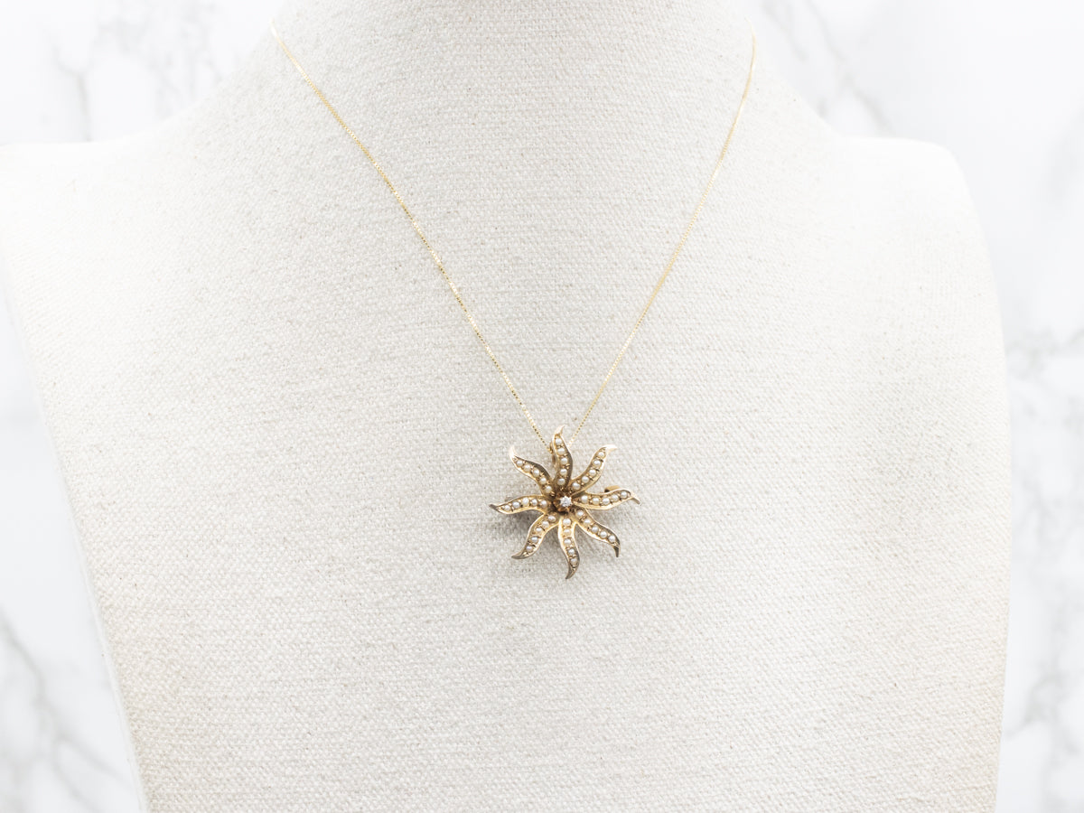 Victorian Old Mine Cut Diamond and Seed Pearl Sunburst Brooch or Pendant