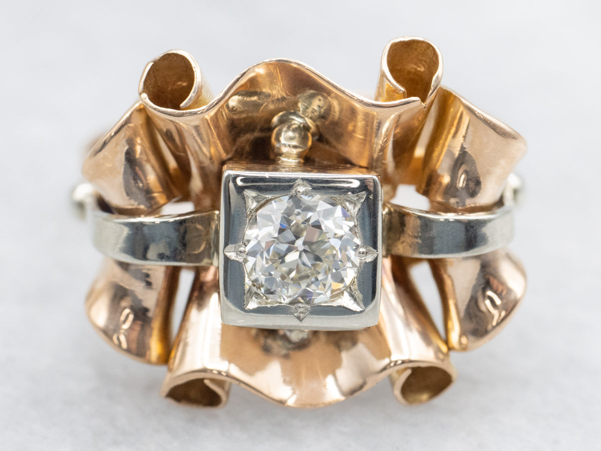 Retro Old Mine Cut Diamond Two Tone Gold Cocktail Ring