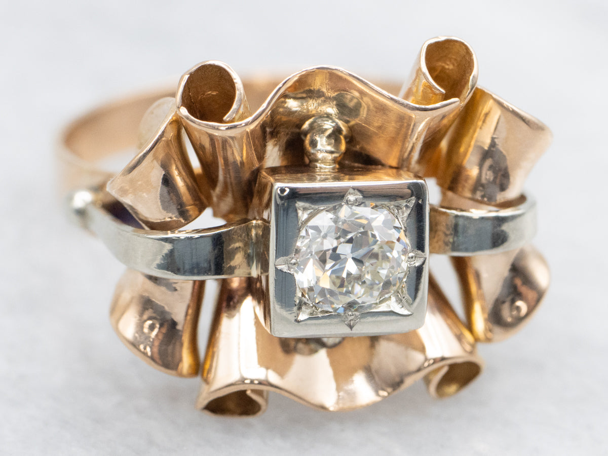 Retro Old Mine Cut Diamond Two Tone Gold Cocktail Ring