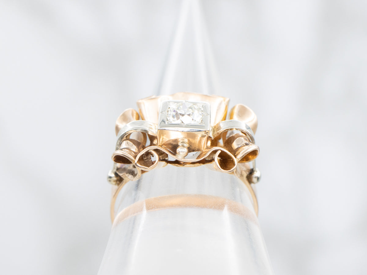 Retro Old Mine Cut Diamond Two Tone Gold Cocktail Ring