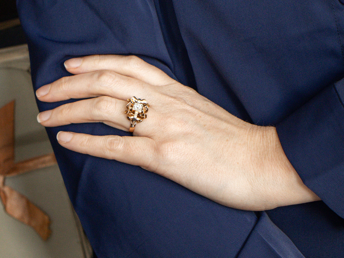 Retro Old Mine Cut Diamond Two Tone Gold Cocktail Ring