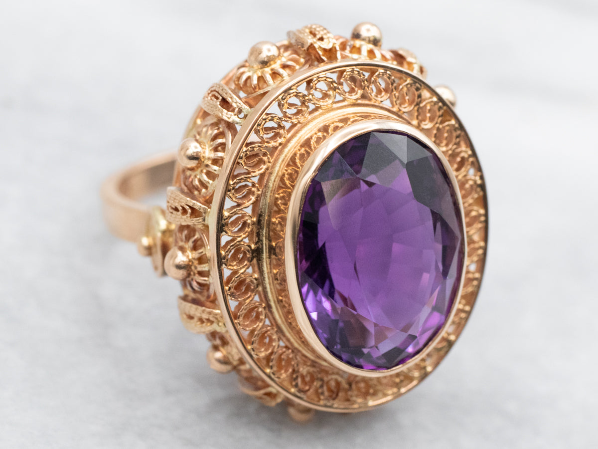 Ornate Gold Filigree Amethyst Cocktail Ring