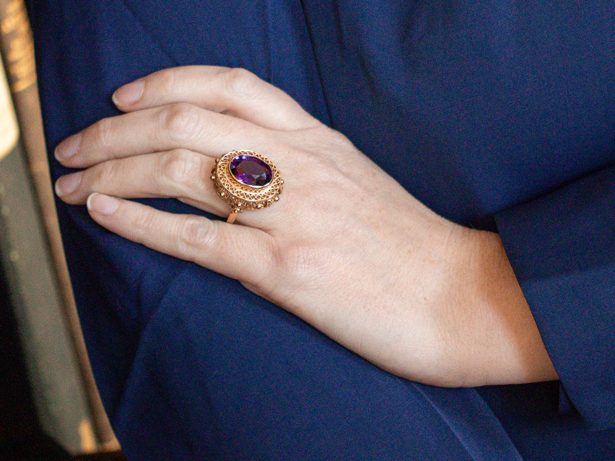 Ornate Gold Filigree Amethyst Cocktail Ring