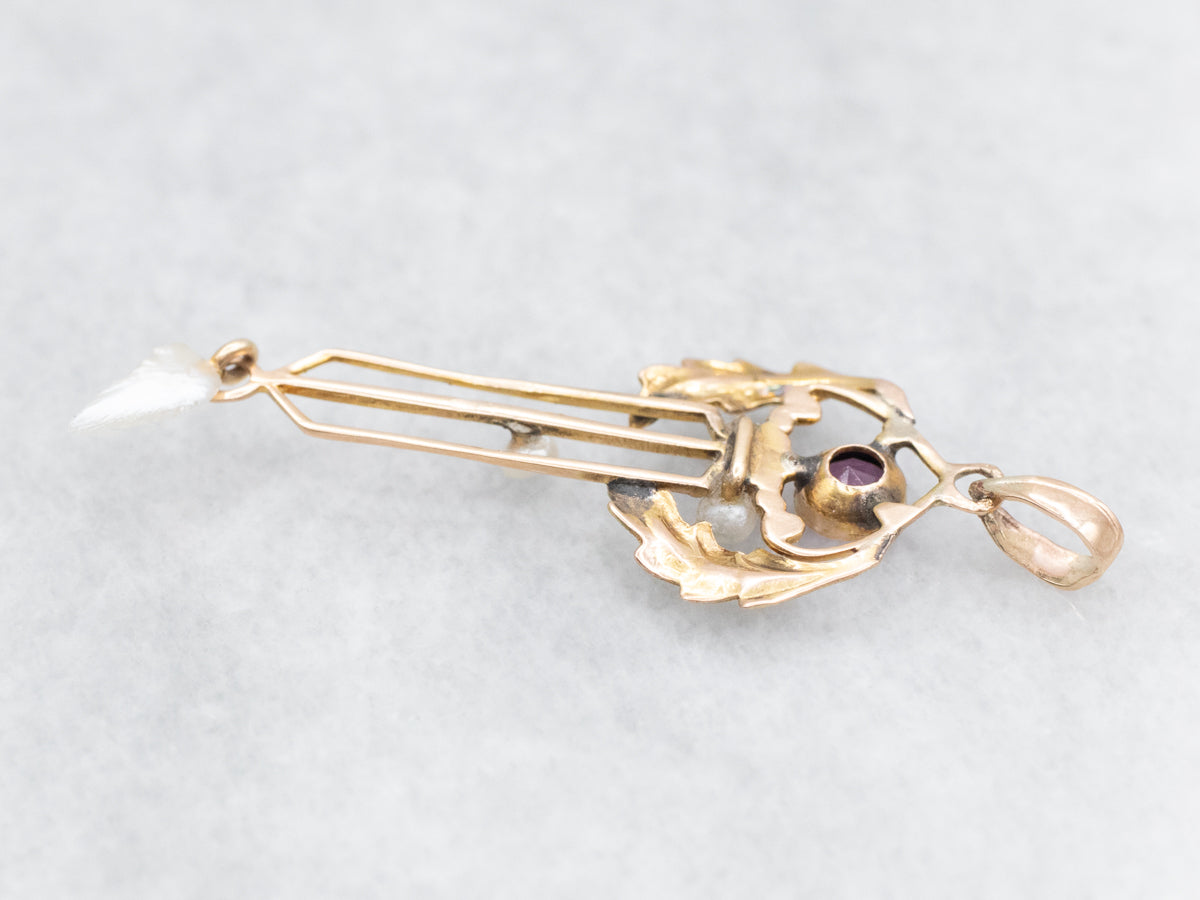 Purple Glass and Gold Art Nouveau Lavalier with Pearls