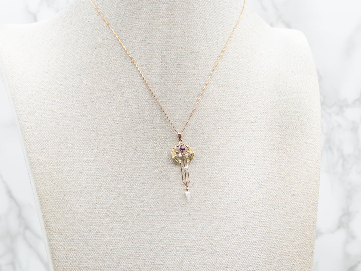 Purple Glass and Gold Art Nouveau Lavalier with Pearls