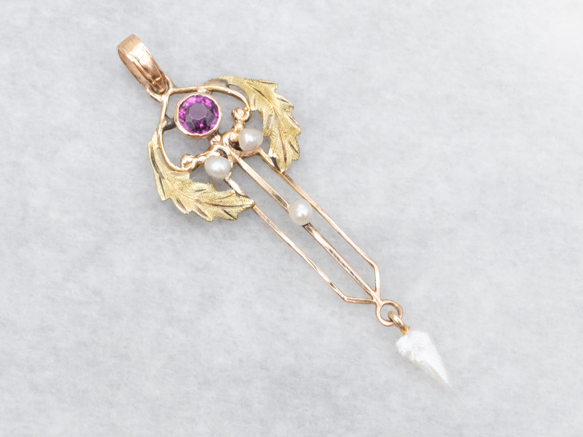 Purple Glass and Gold Art Nouveau Lavalier with Pearls