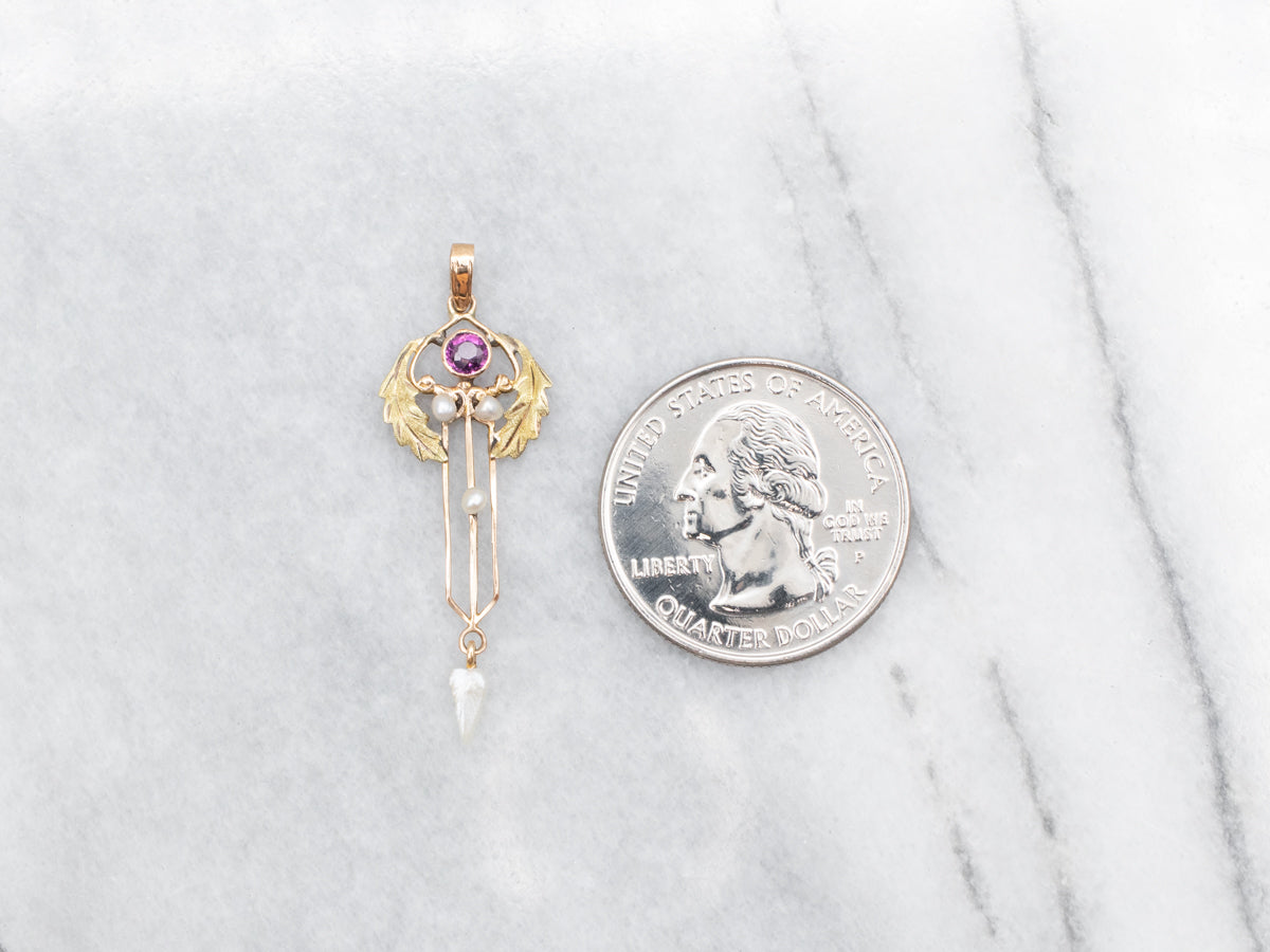 Purple Glass and Gold Art Nouveau Lavalier with Pearls