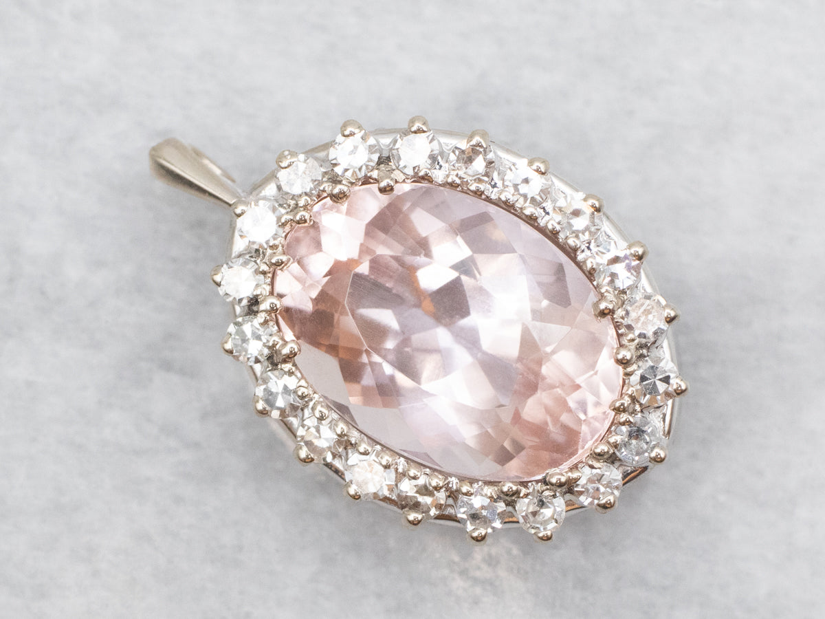 Morganite and Diamond Halo White Gold Pendant