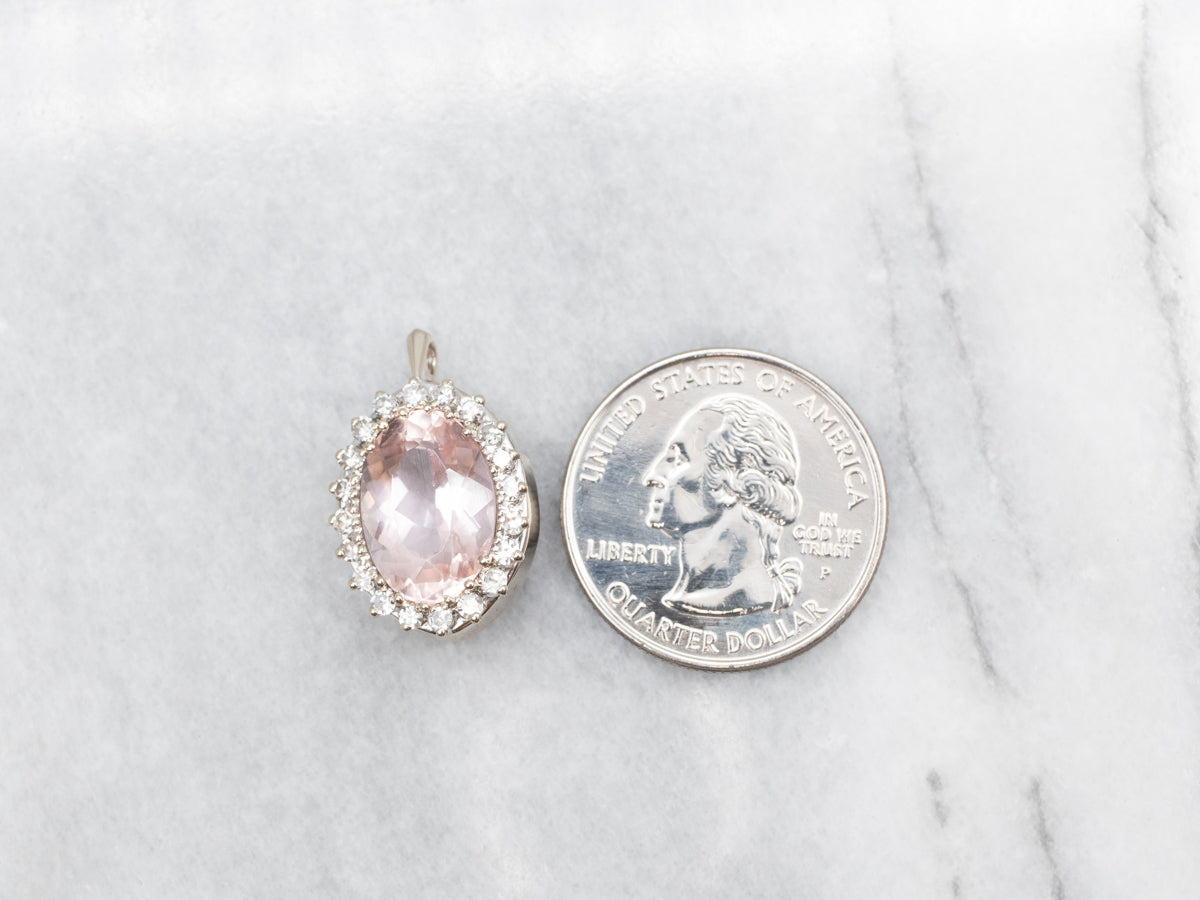 Morganite and Diamond Halo White Gold Pendant