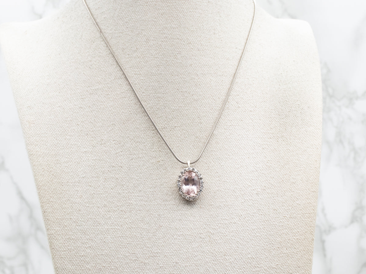 Morganite and Diamond Halo White Gold Pendant