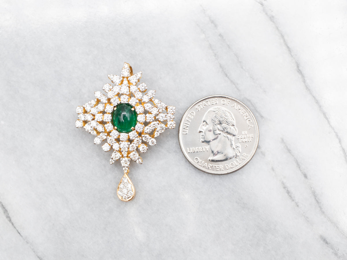 Emerald Cabochon and Diamond Cluster Pendant
