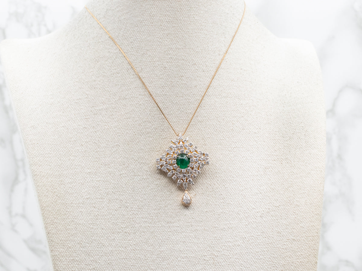Emerald Cabochon and Diamond Cluster Pendant