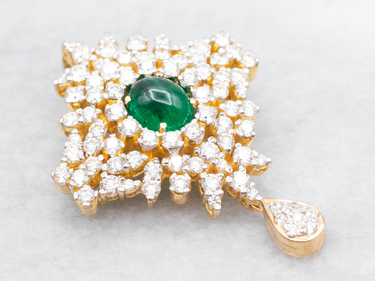 Emerald Cabochon and Diamond Cluster Pendant