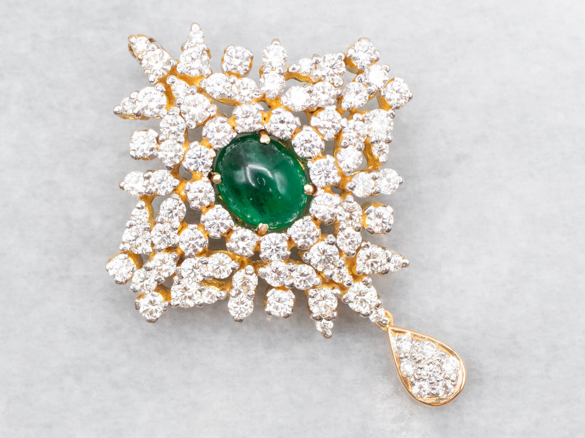 Emerald Cabochon and Diamond Cluster Pendant
