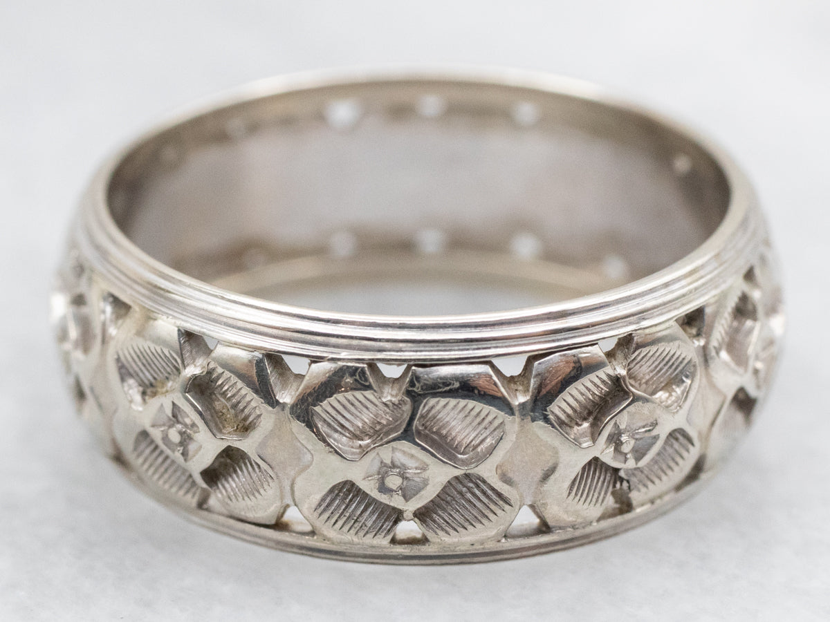 Wide White Gold Floral Pattern Band