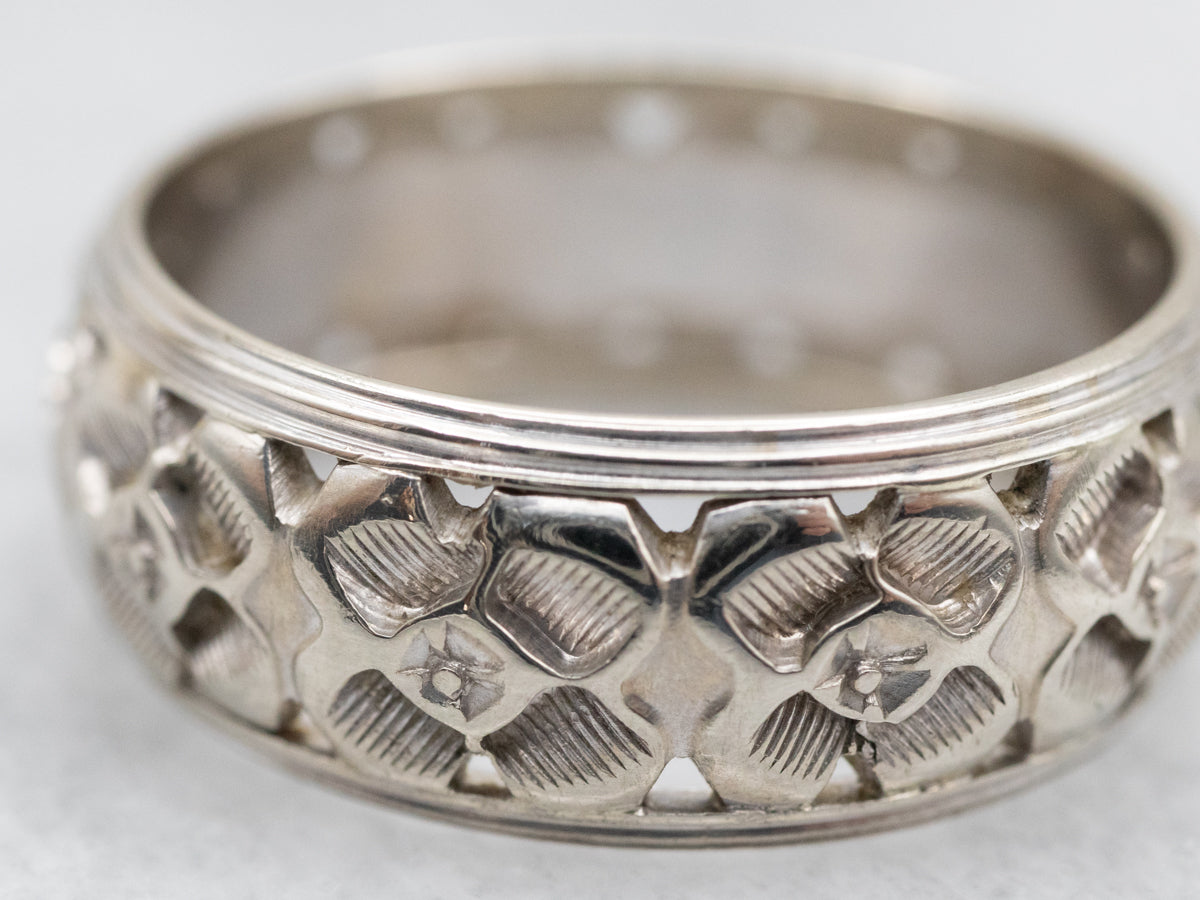 Wide White Gold Floral Pattern Band
