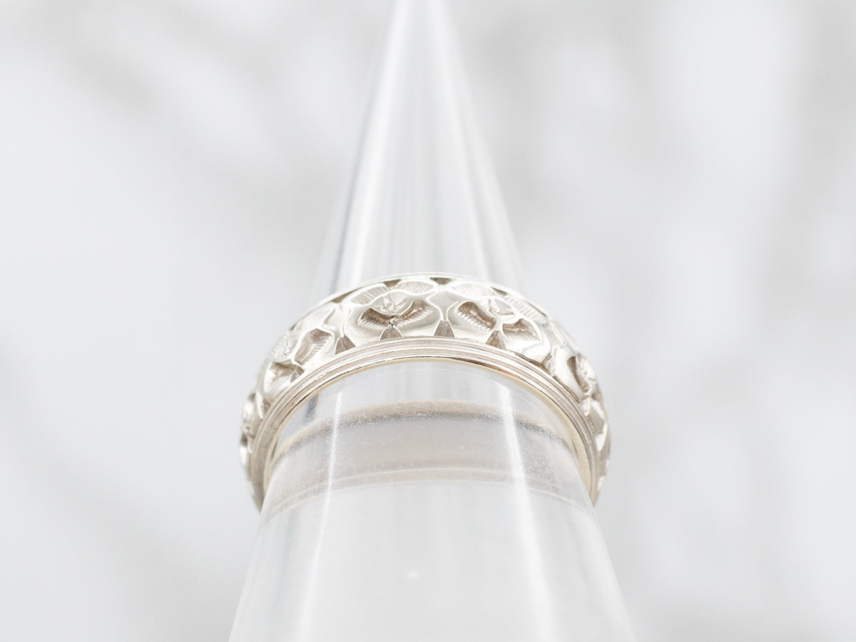 Wide White Gold Floral Pattern Band