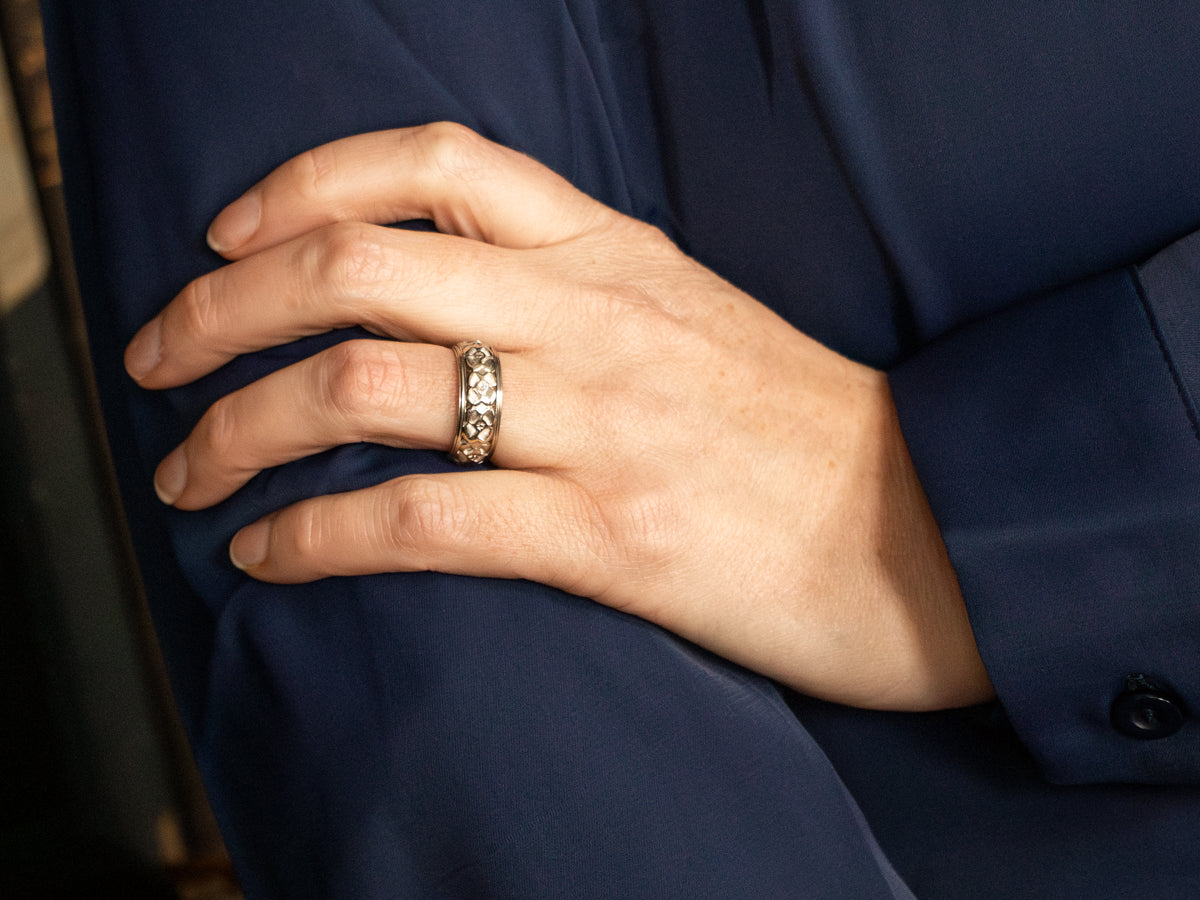 Wide White Gold Floral Pattern Band