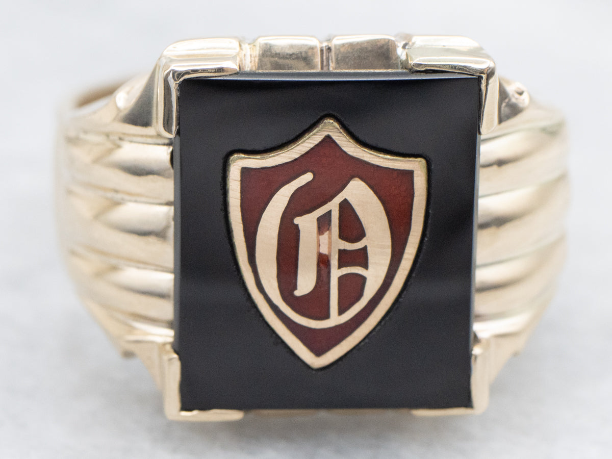 Black Onyx and Enamel "O" Monogram Signet Ring