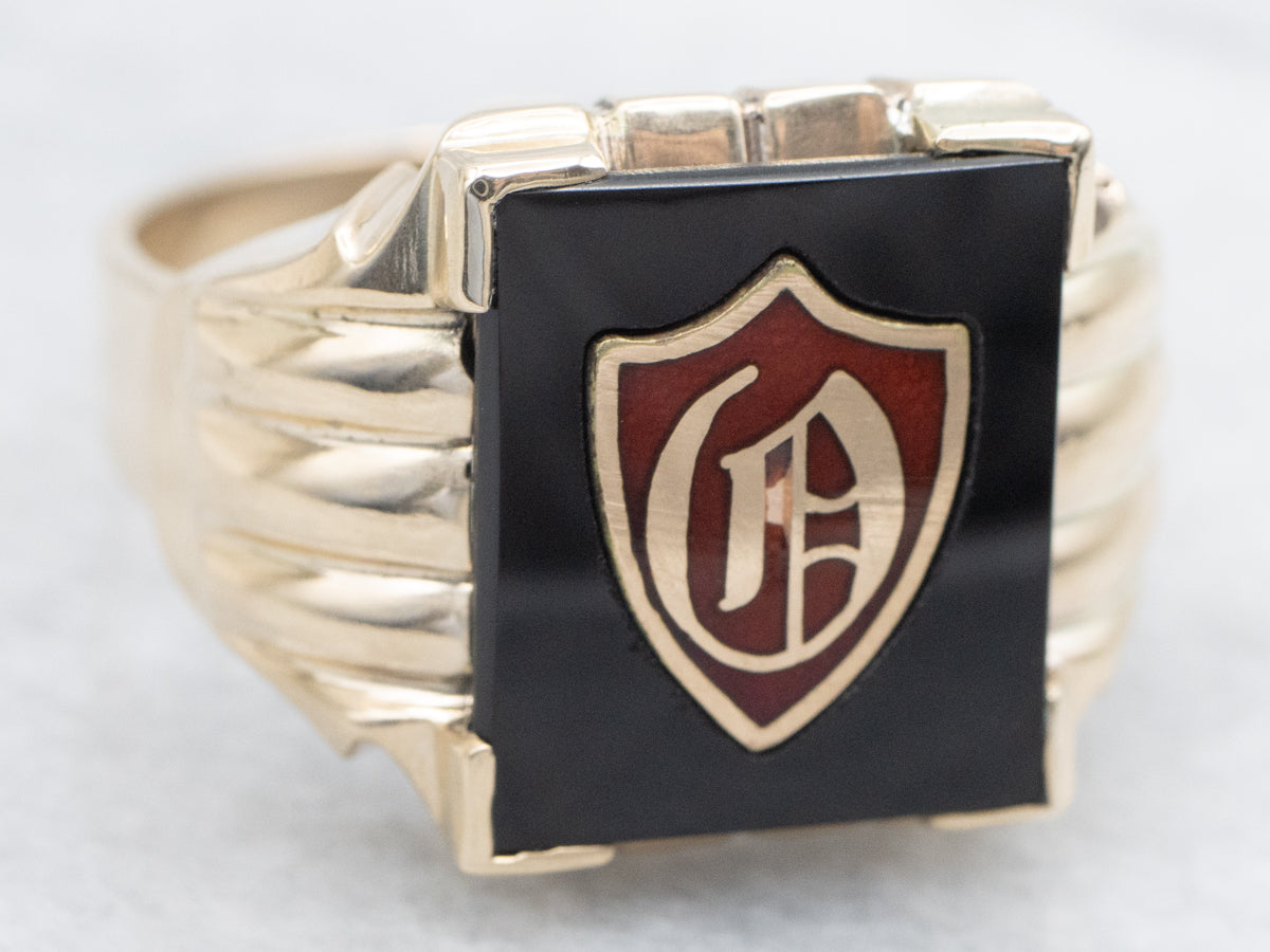 Black Onyx and Enamel "O" Monogram Signet Ring