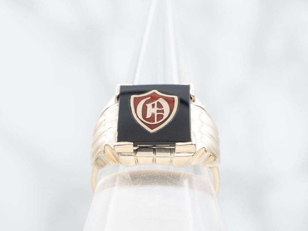 Black Onyx and Enamel "O" Monogram Signet Ring