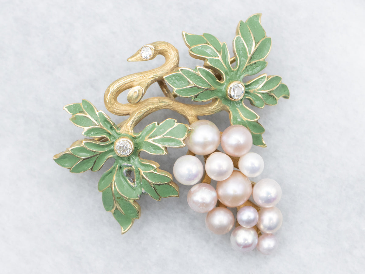 Antique Pearl and Diamond Grape Vine Brooch or Pendant