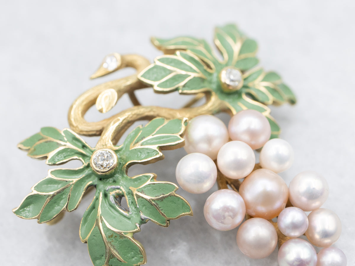 Antique Pearl and Diamond Grape Vine Brooch or Pendant