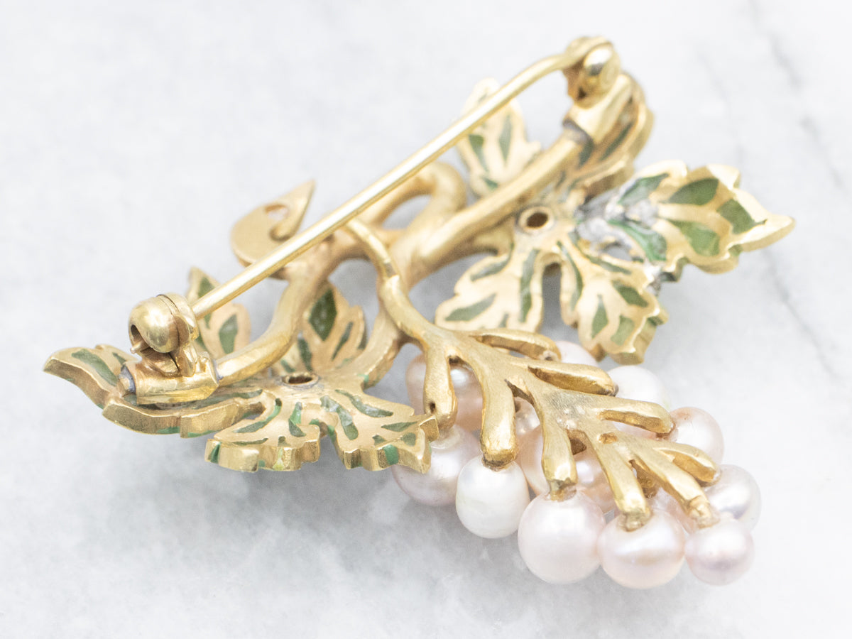Antique Pearl and Diamond Grape Vine Brooch or Pendant