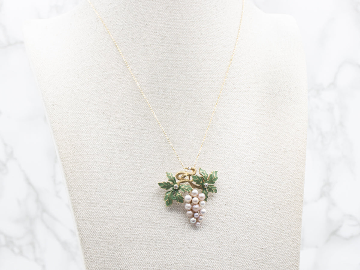 Antique Pearl and Diamond Grape Vine Brooch or Pendant