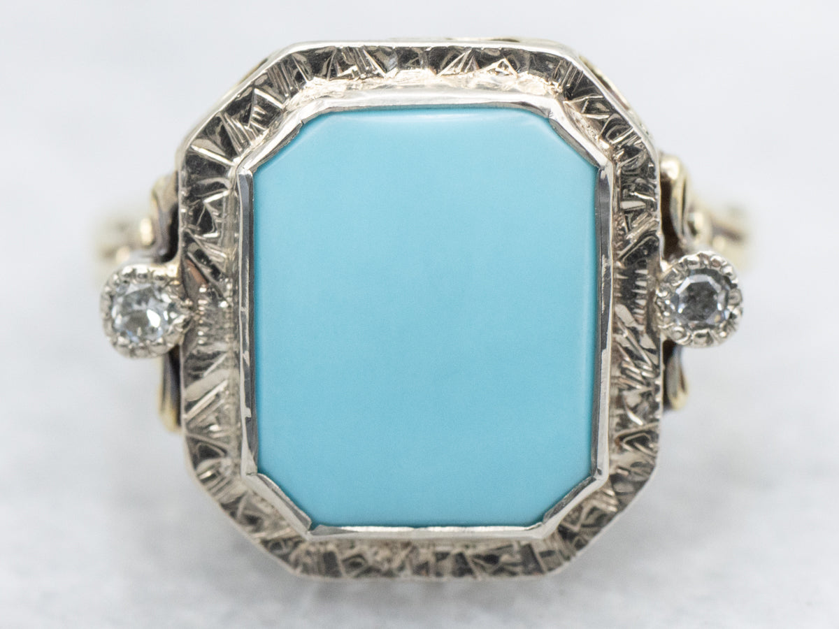 Art Deco Turquoise and Diamond Filigree Ring