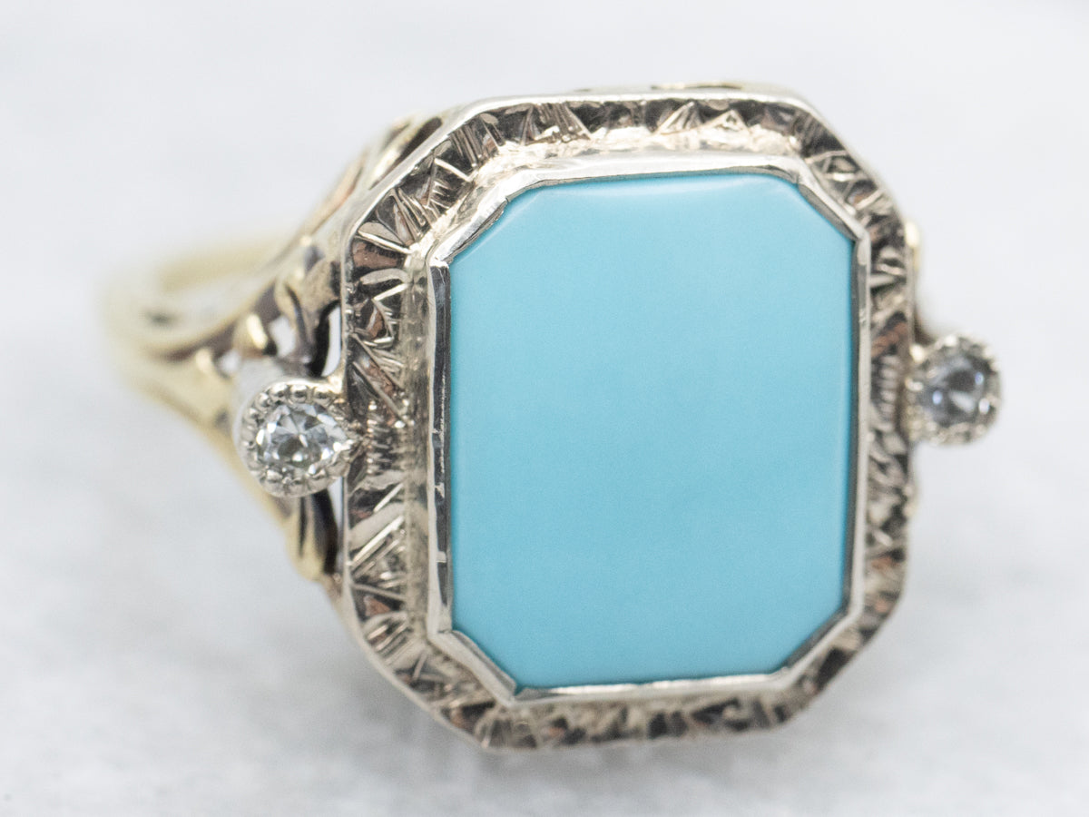 Art Deco Turquoise and Diamond Filigree Ring