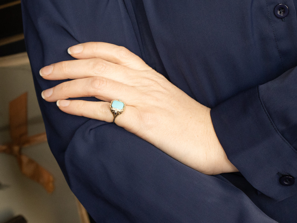 Art Deco Turquoise and Diamond Filigree Ring