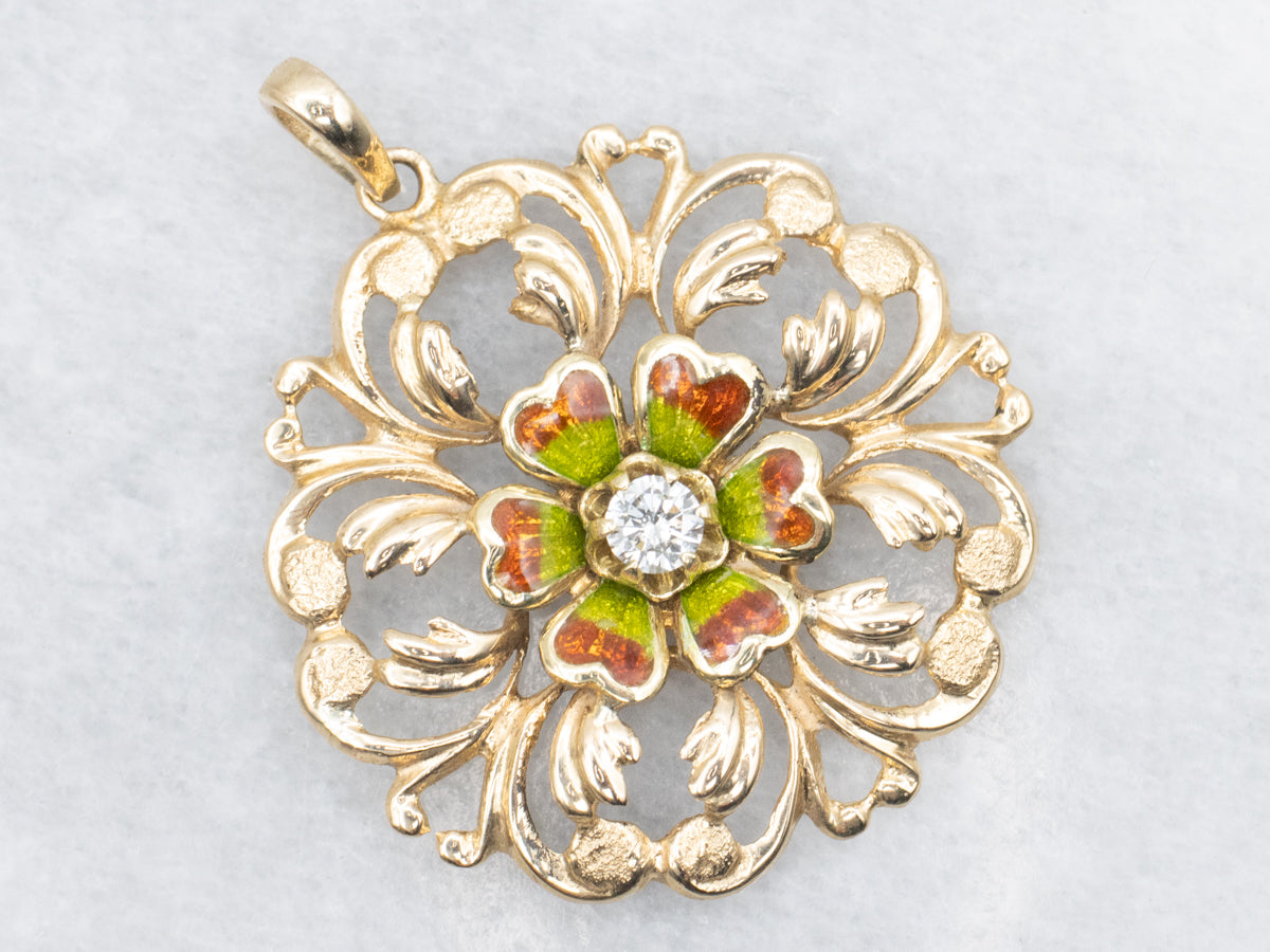 Art Nouveau Diamond and Enamel Flower Pendant