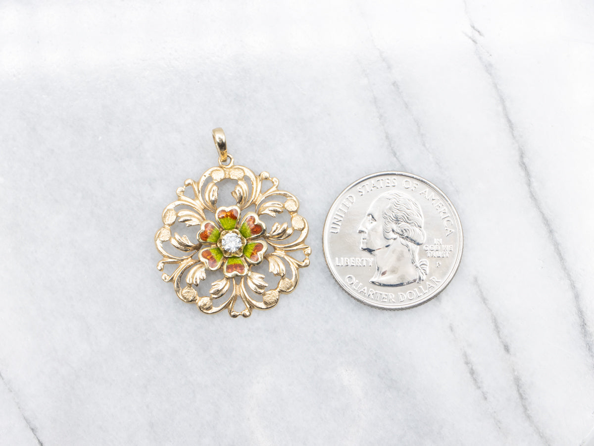 Art Nouveau Diamond and Enamel Flower Pendant