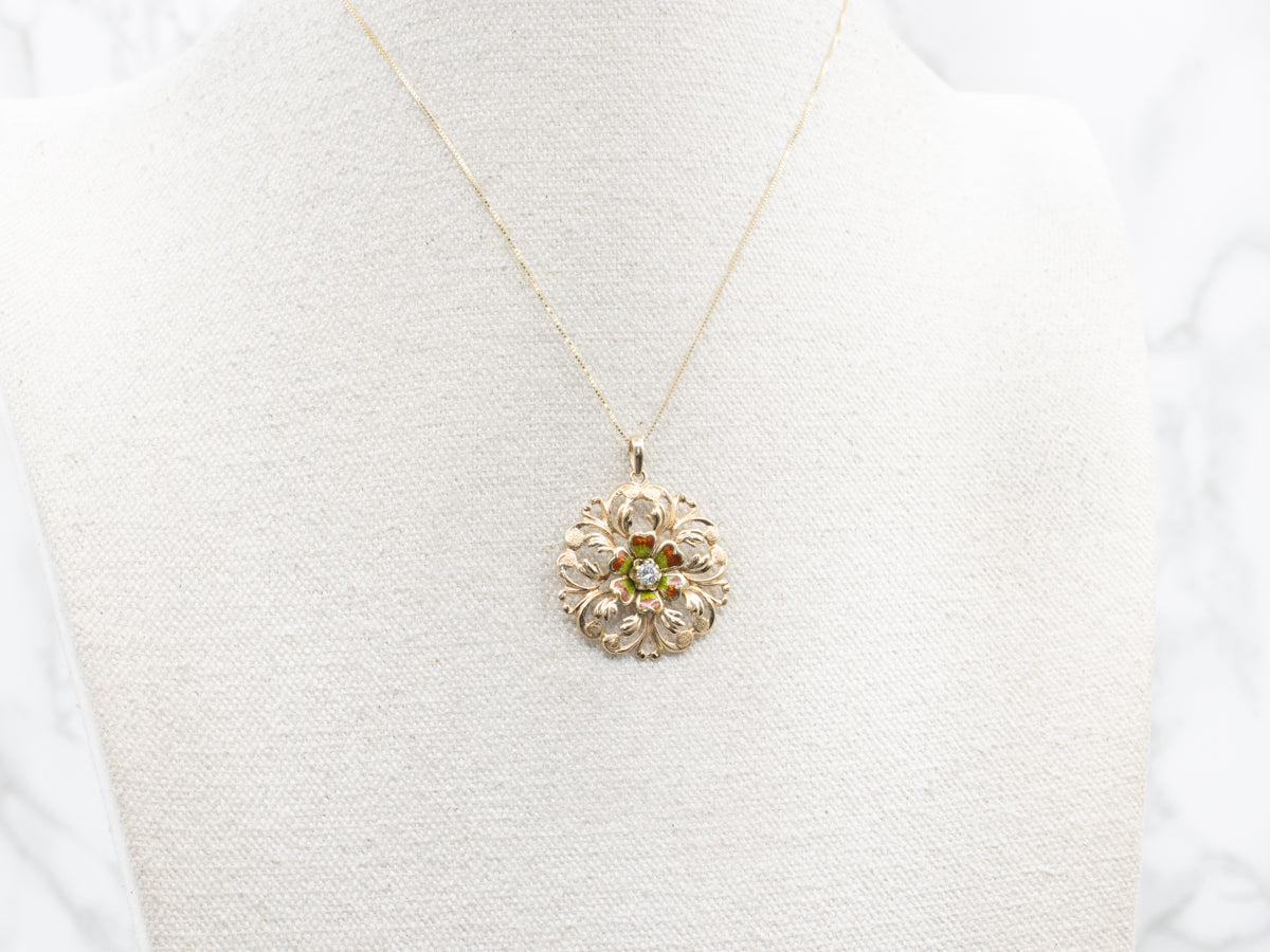 Art Nouveau Diamond and Enamel Flower Pendant