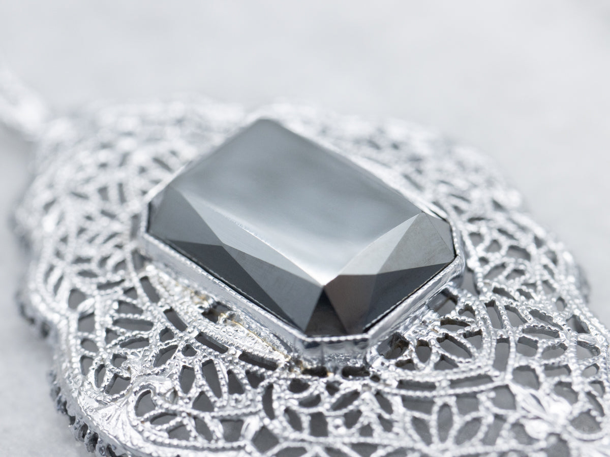 Art Deco Hematite Filigree Pendant
